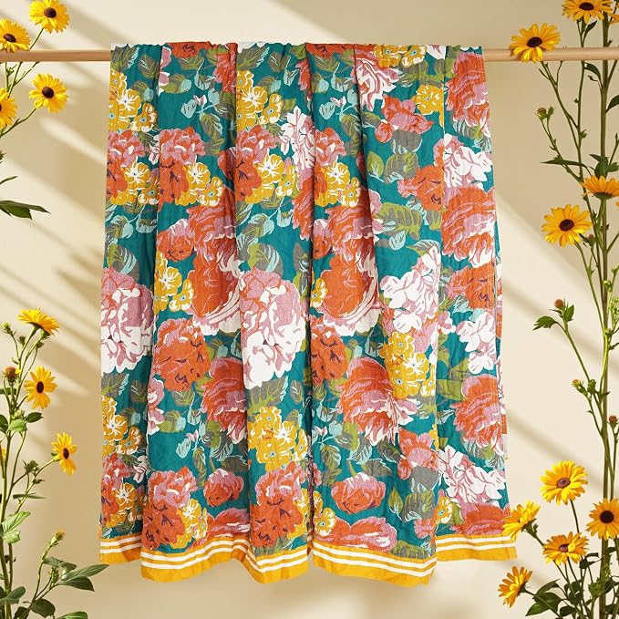 VANJOROY Boho Throw Blanket, 100% Organic Cotton Breathable Ultra Soft 80" x 90" Bed Quilt Throw - All Season Floral Rustic Farmhouse Decor Luxury Reversible Blanket for Sofa Couch Chair and Gift