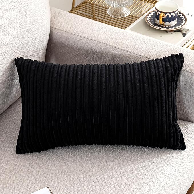 UGASA Corduroy Striped Soft Soild Decorative Throw Pillow Covers Set Cushion Cases Pillowcases for Sofa Bedroom, 2 Pcs, 12x20inch, Black