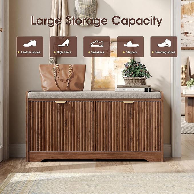 Maupvit 39.4" Fluted Shoe Bench with Storage, Narrow Entryway Bench with Removable Seat Cushion & 2 Flip-Drawers, Shoe Cabinet Bench, Boho Hidden Shoe Rack for Entrance, Hallway, Living Room (Walnut)