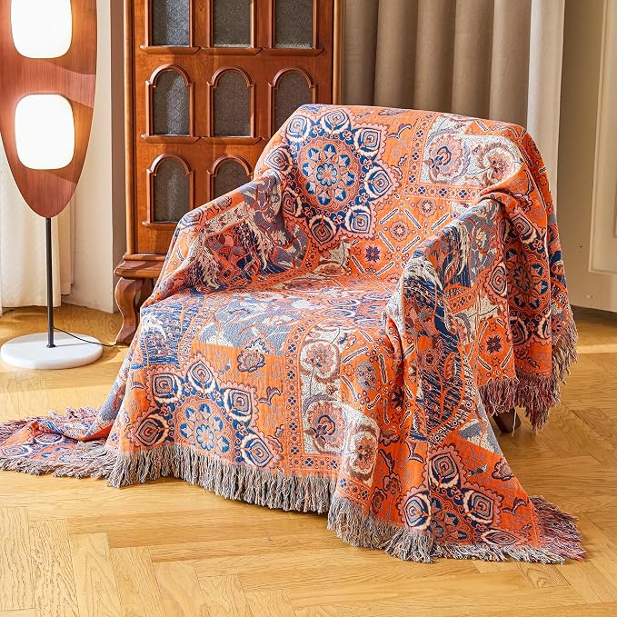 VANJOROY Boho Throw Blanket for Bed Couch 50" x 60", 100% Organic Cotton Skin-Friendly Ultra Soft Quilt Orange Throw - Floral Rustic Room Decor Luxury Reversible Blanket for Sofa Chair and Gift