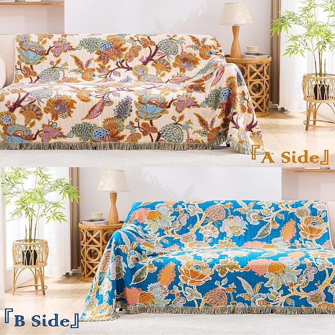 XIBLC Boho Throw Blanket for Bed, 100% Cotton Soft Rustic Quilt Fall Blanket, 60"x80" Floral Printed Farmhouse Decor Bed Blankets, All Season Rustic Reversible Bohemian Throw Quilt