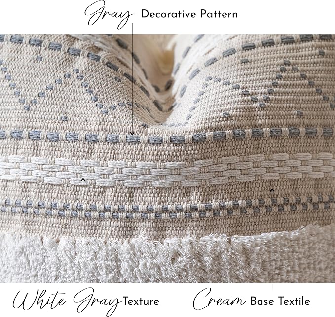 14x36 Lumbar Pillow Cover for Bed, Rectangular Long Decorative Throw Pillowcase, Boho Accent Cushion with Gray Tufted Pattern and Tassels, Cream Neutral (Cover Only)
