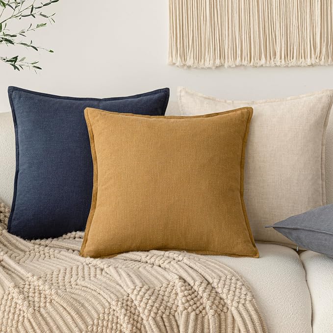 Foindtower Pack of 2, Decorative Linen Solid Throw Pillow Covers Soft Accent Cushion Case Boho Farmhouse Pillowcase for Chair Couch Sofa Bedroom Living Room Home Decor 16 x 16 Inch Honey Mustard