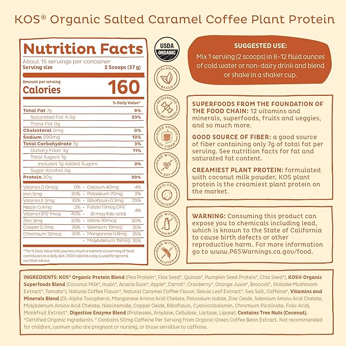 KOS Vegan Protein Powder, Salted Caramel Coffee - Low Carb Pea Protein Blend, Organic Plant Superfood Rich in Vitamins & Minerals - Keto, Dairy Free - Meal Replacement for Women & Men - 15 Servings