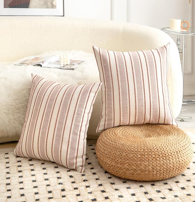 Cethom Decorative Boho Throw Pillow Covers, Farmhouse Textured Pillow Case, 20 x 20 Inch Set of 2, Chair Sofa Bedroom Living Room Home Decor Couch Cushion Case, Rust and Beige Striped