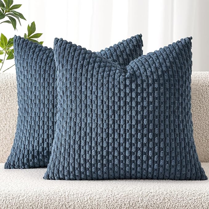 MIULEE Euro Sham Decorative Throw Pillow Covers 24x24 Blue Corduroy | Textured Striped Pack of 2 Striped Pillow Covers Modern Farmhouse Coastal Home Decor for Couch Bed Sofa Living Room