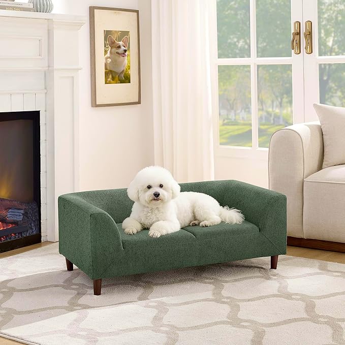 Elevated Dog Couch Bed for Medium Large Dogs, Modern Pet Sofa with Backrest & Armrest, Durable Dog Bed Sofa with Soft Cushion, Solid Wood Legs (Olive Green)
