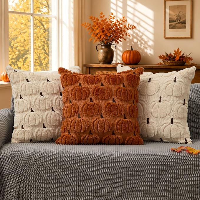 DFXSZ Fall Pillow Covers 18x18 2Pcs Beige Brown Pumpkin Fall Decorations | Fall decor Set of 2 Throw Pillow Cases Soft Plush Faux Fur Wool Couch Cushion for Chair Sofa Bedroom Living Room Home Decor