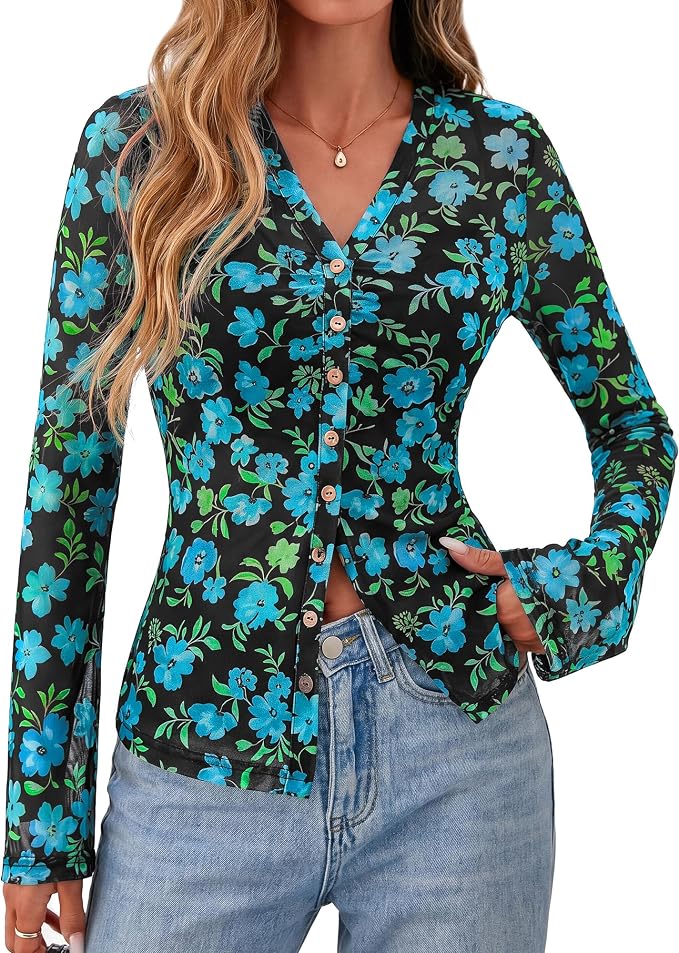 BTFBM Button Down Shirts for Women 2026 Fall Boho Tops V Neck Long Sleeve Blouses Ruched Mesh Fitted Fashion Clothing