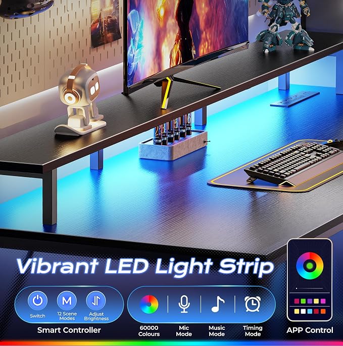 PRAISUN 48 inch Gaming Desk, LED & Power Outlets, Monitor Stand, Black | Sturdy PC Desk for Home Office, Study & Work, LED Lights, 4 AC Outlets & USB-C Charging Station