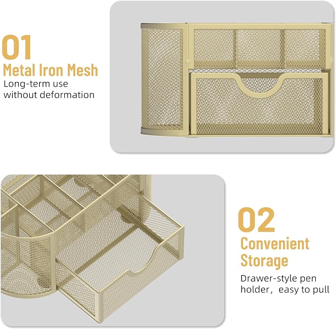 SUPEASY Mesh Desk Organizer, Desk Accessories & Workspace Organizers with Drawers, Pencil Holder for Desk with 9 Compartments for Office Suppliess, 8.6 x 4.3 x 4.1 Inch, Yellow | Pull-Out Drawer Stores Pens, Pencils, Clips, Notes, and Small Office or S...