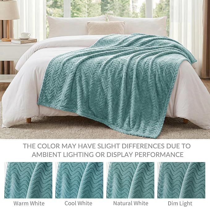 Exclusivo Mezcla Soft Fleece Blanket Queen Size for Bed, Sofa, Celadon | 90"x90" Breathable Lightweight Flannel Blanket for Summer, Plush Cozy Jacquard Wave for Home Decor