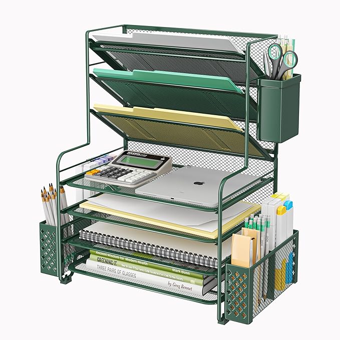 Simple Trending 7 Tier Desk File Organizer, Letter Tray Paper Organizer with Pen Holder and Metal Hanging Basket, Green
