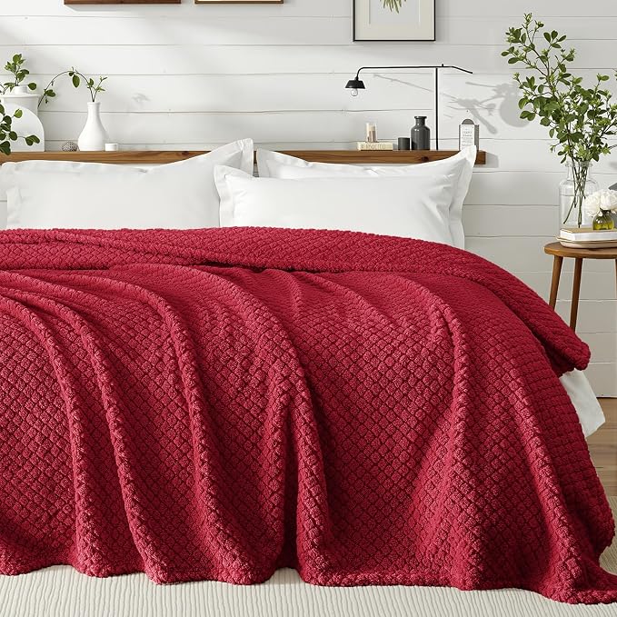 Exclusivo Mezcla Soft Fleece Queen Size Blanket for Bed, Deep Red | Jacquard Lightweight Cozy Bed Blanket, Breathable Decorative Fuzzy Textured All Season Use, 90x90 Inches