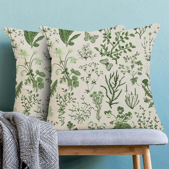 AEIOAE Summer Pillow Covers 18x18 Inch Set of 2,Olive Green Wild Flower Plant Throw Pillows Case,Seasonal Floral Outdoor Decorative Square Linen Farmhouse Decor Cushion Covers for Home Sofa Bed Couch