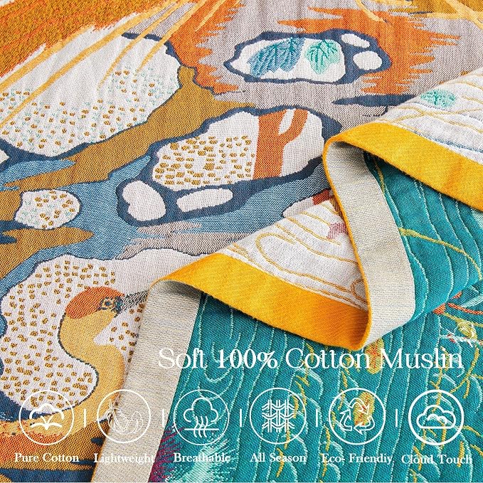 XIBLC Fall Throw Blanket for Couch, Yellow Boho Decorative Throw Blanket, 100% Cotton Muslin Breathable Woven Farmhouse Blankets Quilt, 60"x80" Reversible Lightweight Blankets Bohemian Throw Quilt