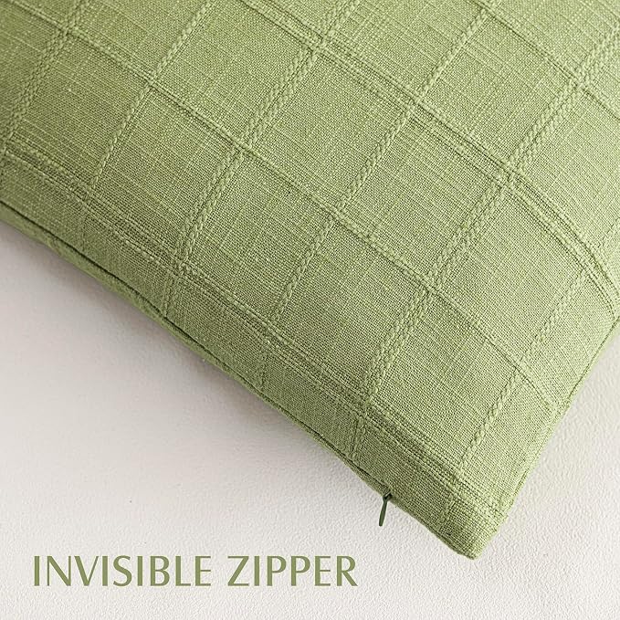 Foindtower Set of 2 Decorative Linen Check Throw Pillow Covers Neutral Farmhouse Vintage Cushion Covers Cozy Modern Boho Accent Home Decor for Sofa Chair Couch Bed Living Room,14×36 Inch,Light Green