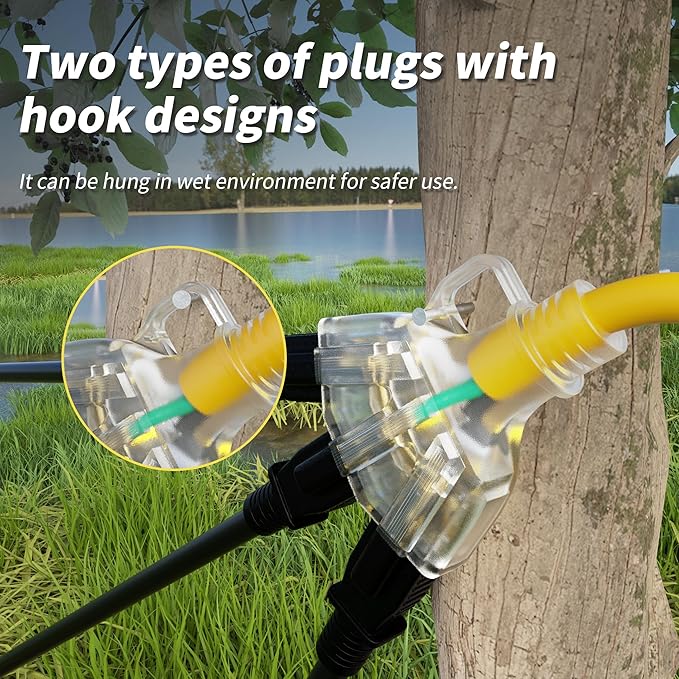 PlugSaf 100 FT 12/3 Gauge Outdoor Extension Cord with Multiple Outlets Light Indicator, Flexible 3 Outlet Weatherproof Heavy Duty Extension Cord Waterproof Yellow, 15A 1875W 12AWG SJTW, ETL Listed