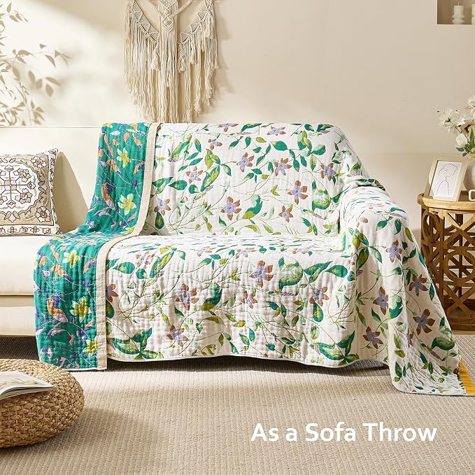 VANJOROY King Boho Throw Blanket, 100% Organic Cotton Breathable Skin-Friendly Ultra Soft 91" x 98" Bed Quilt Throw - Floral Rustic Decor Luxury Reversible Blanket for Sofa Couch Chair and Gift