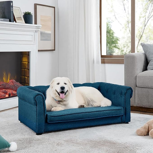 38.9" Elevated Dog Sofa with Button‑Tufted Backrest & Rolled Armrests, Pet Couch Bed with Removable Soft Cushion, Comfortable Upholstery Raised Dog Bed with Thick Padding for Living Room,Bedroom