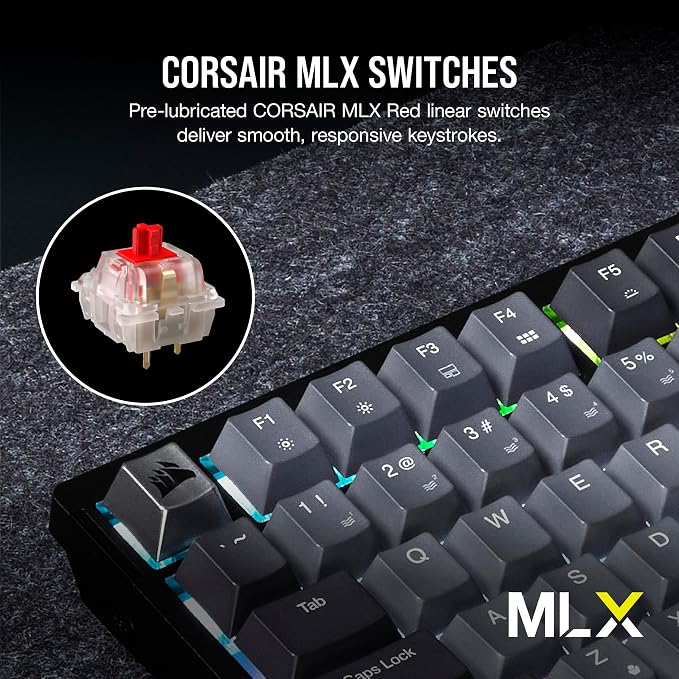 Corsair K65 Plus Wireless 75% RGB Mechanical Gaming Keyboard – Pre-Lubricated MLX Red Linear Switches – PBT Dye-Sub Keycaps – PC, Mac, PS5, PS4, Xbox, iPad – QWERTY NA – Black/Gray