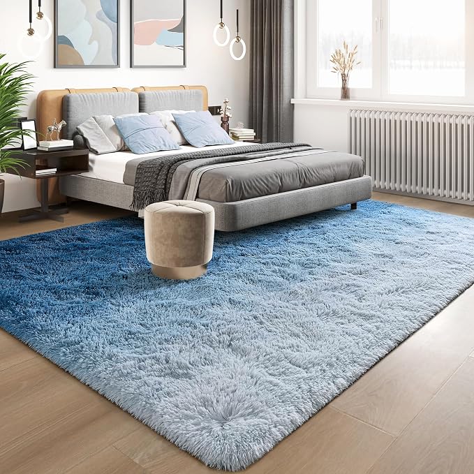 Tepook Fluffy Large Rugs for Living Room, 8x10 Area Rugs for Bedroom, Modern Shag Fuzzy Carpets for Kids Boys Girls, Plush Indoor Nursery Home Decor Rug with Non-Slip Bottom, Gradient Navy Blue