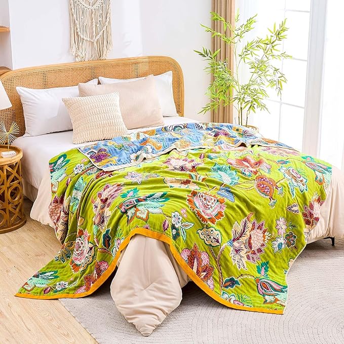 XIBLC Fall Throw Blanket, 100% Cotton Soft Rustic Boho Throw Blanket for Bed, 50"x60" Farmhouse Decor Bed Flower Blankets, Light Weight Reversible Bohemian Throw Quilt