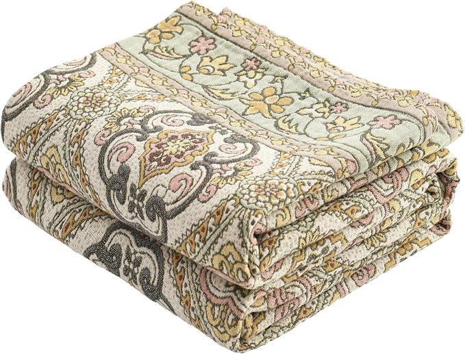 VANJOROY Boho Throw Blanket, 100% Organic Cotton Breathable Ultra Soft 91" x 108" King Bed Quilt Throw - All Season Floral Rustic Farmhouse Decor Luxury Blanket for Sofa Couch Chair and Gift
