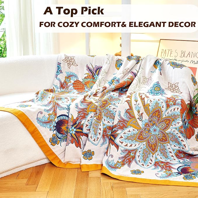 VANJOROY Boho Throw Blanket, 100% Organic Cotton Breathable Skin-Friendly Ultra Soft Bed Quilt Throw - All Season Floral Bird Farmhouse Décor Luxury Blanket for Sofa Couch Chair and Gift. 50" x 60"