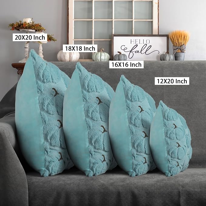 Fall Pumpkins Decorative Pillow Covers 18x18 Set of 2, Light Blue Soft Plush Faux Fur Wool Farmhouse Throw Cushion Cases for Autumn Thanksgiving Holiday Home Decorations