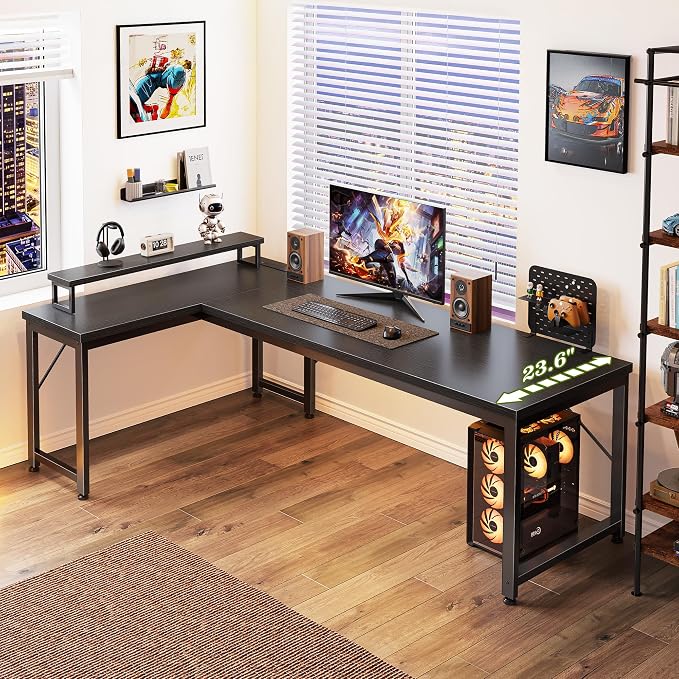 PRAISUN 61" L Shaped Computer Desk, Power Outlets, Monitor Stand, Black | USB-C Ports, Reversible Charging Station, Spacious Desktop & Legroom, 0.94 Inch Thick Desktop, for Gaming, Study & Work