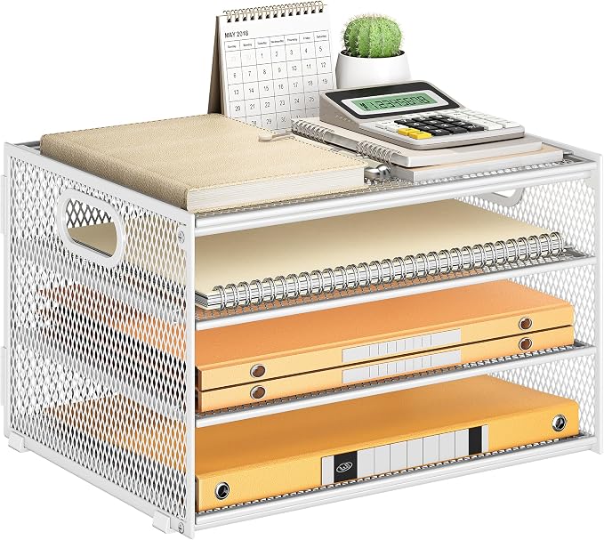 Subekyu Paper Letter Tray Organizer for Desk, White Metal Mesh Desk File Sorter Organizer with Handle and 2 Sliding Trays for Home Office School Supplies Organization