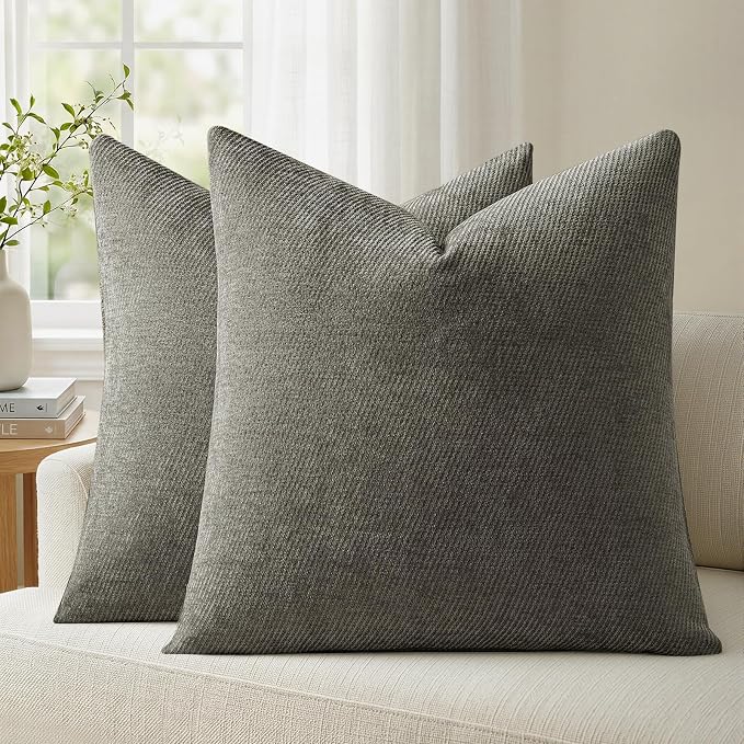 a moment Pack of 2 Decorative Chenille Throw Pillow Covers with Twill Cushion Covers for Sofa Living Room Couch Bed 20x20 Inch Dark Gray