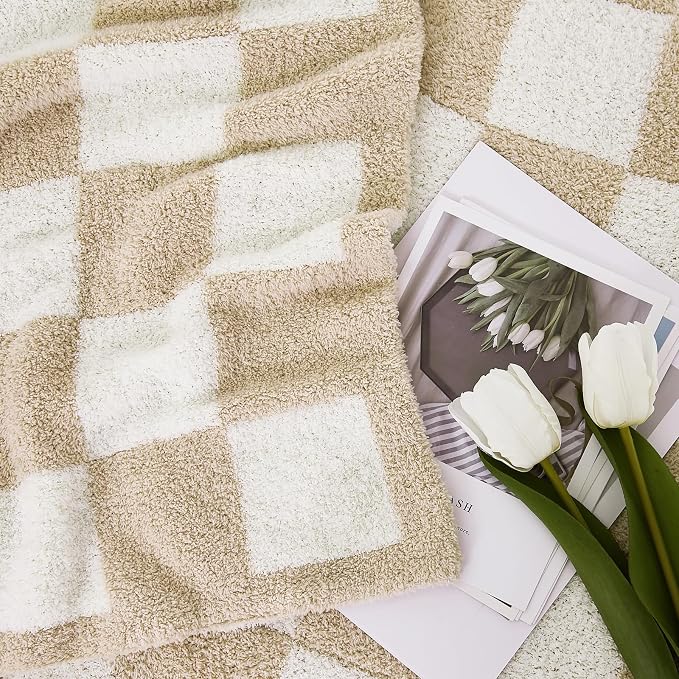 Soft Twin Size Checkered Blanket for Bed-Cozy Knitted Blankets | Lightweight Fluffy Warm Decor for Women, Mom, Her & Girls, Sofa, Chair, Couch, 60x80in, Beige