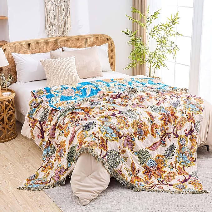 XIBLC Boho Throw Blanket for Bed, 100% Cotton Soft Rustic Quilt Fall Blanket, 50"x60" Floral Printed Farmhouse Decor Bed Blankets, All Season Rustic Reversible Bohemian Throw Quilt