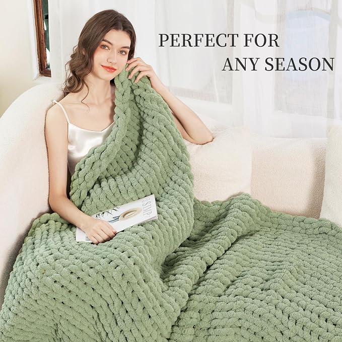 Chunky Knit Blanket Throw for Couch, 51"x63" Chunky Yarn Knitted Blankets | 100% Hand Knit Thick Chenille, Soft Breathable for Bed, Sofa, Home Decor, Cozy Gifts for Women Friends, Sage Green