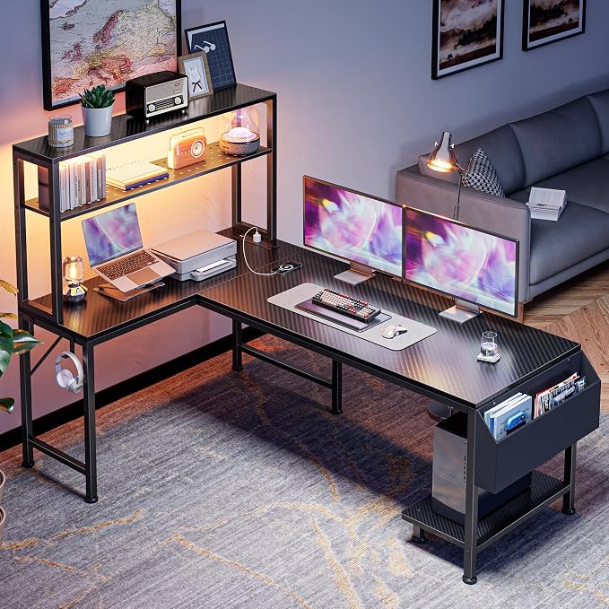 PRAISUN L Shaped Gaming Desk with LED Lights & Power Outlets, Reversible Computer Desk with Storage Shelves & Bag, Large Corner Home Office Desk with Pegboard for Work from Home, Carbon Fiber Black