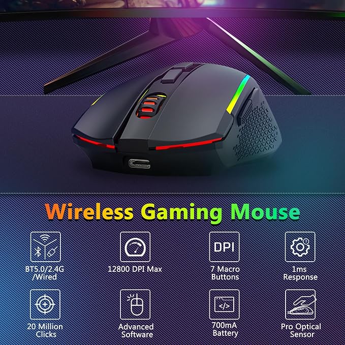 Redragon Wireless Gaming Keyboard and Mouse Combo, 75% Portable, Black | Bluetooth/2.4G/USB-C Wired, RGB Backlit, Quiet Rechargeable Macro Membrane Keyboard & 12800 DPI Mouse for Win/MAC