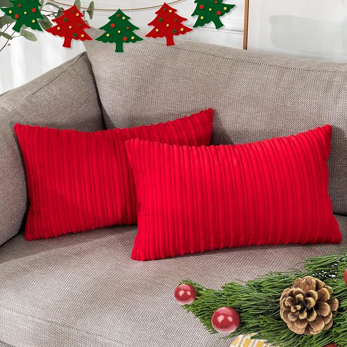 UGASA Pack of 2 Christmas Velvet Pillow Covers Striped, Soft Textured Throw Cushion Case Set, Accent Corduroy Lumbar Pillowcases with Hidden Zipper for Home Decor Indoor Outdoor (12"x20", Red)