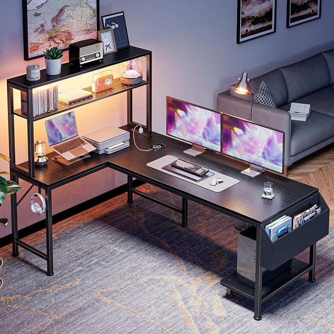 PRAISUN L Shaped Gaming Desk with LED Lights & Power Outlets, Reversible Computer Desk with Storage Shelves & Bag, Large Corner Home Office Desk with Pegboard for Work from Home, Black