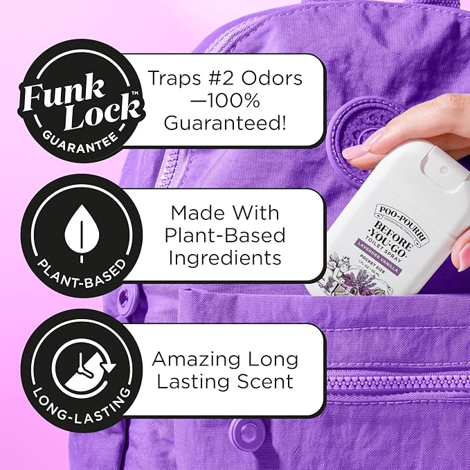 Poo-Pourri Before-You-Go Pocket Toilet Spray, Travel Essentials, Lavender Vanilla, 1 Fl Oz, Up to 50 Uses, On-The-Go Bathroom Odor Deodorizer with Essential Oils, TSA Approved Size