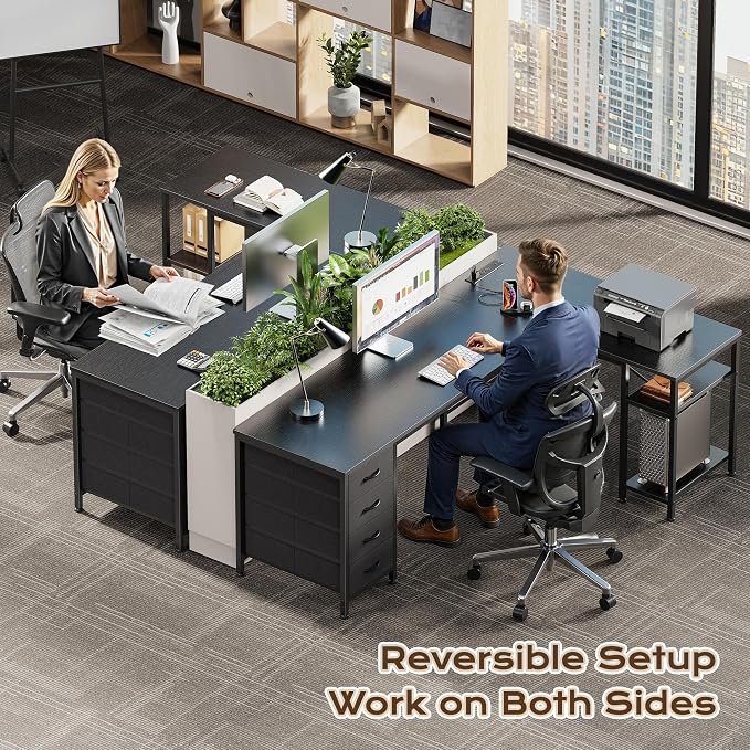 Huuger 55 Inch L Shaped Desk with Fabric Drawers, Reversible Computer Gaming Desk with Power Outlets and USB-C Port, Adjustable Side Storage Shelves, for Work Study Corner Home Office, Black