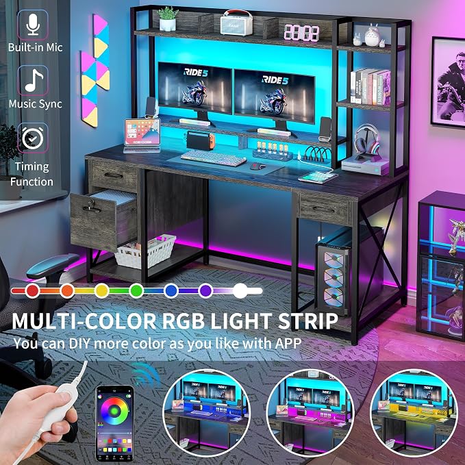 DWVO Computer Desk with Drawers & Hutch, 59.1" Office Desk with Power Outlets & LED Lights, Home Office Desk with Storage Shelves, Grey | Built-In Power Outlets, Led Lights, Hutch Shelves, Storage Drawers, for Home Office Work Study, Easy Assembly