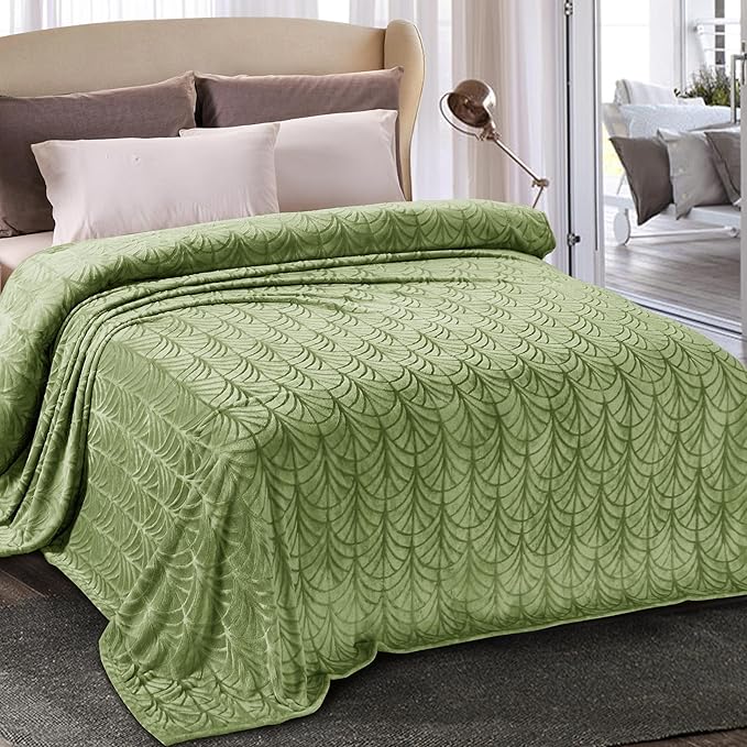 Whale Flotilla Soft Flannel Fleece King Size Bed Blanket, Olive Green | Cozy Lightweight Breathable Coverlet, Plush Fluffy Bedspread, Vintage Pattern Decorative Blanket for Bed All Season, 90"x104"