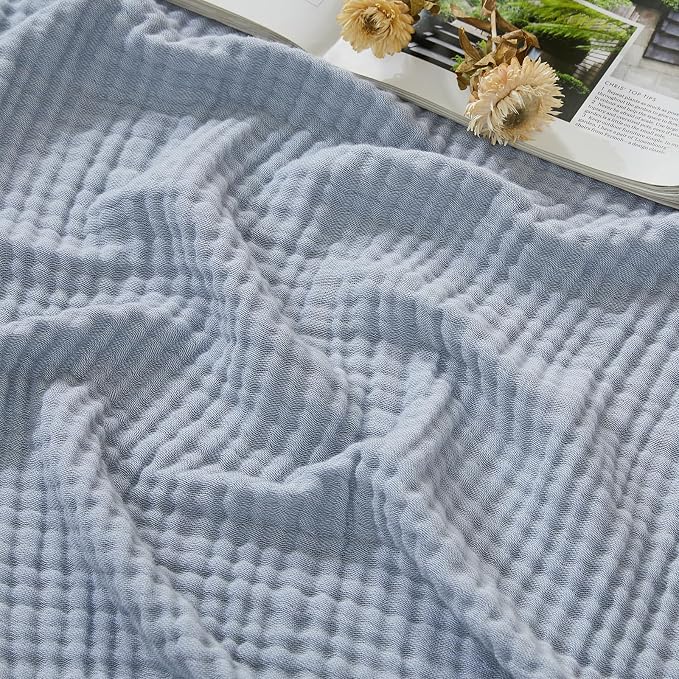 EMME Cotton Muslin Queen Blanket Bed Layering Bedspread Coverlet Breathable Gauze Soft Lightweight Blankets (Heather Dusty Blue, 90"x90")