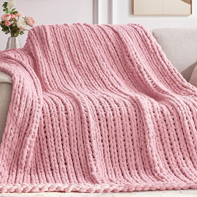 Negwoo Chunky Knit Throw Blanket, Knitted Throw Chenille Yarn, 60"*80" | Soft Thick Cable Knitted Blankets, Handmade Big Thick Blanket, Machine Washable Cute Comfy Blanket for Home Decor, Light pink