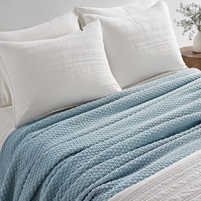 EVERGRACEHOME Chunky Chenille Knit Throw Blanket, 90 x 90, Chambray Blue | Sculpted Moss Stitch, Chic Modern Farmhouse, All-Season Warmth, OEKO-TEX® Certified, Oversized Queen for Couch, Bed, Sofa