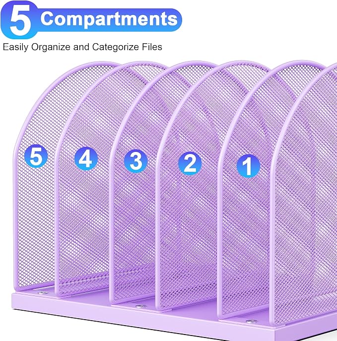 gianotter Desktop File Organizer with 5 Compartments | Desk Organizer Paper Organizer for Desk Workspace Organizers for Office Supplies (Purple, Upright Style)