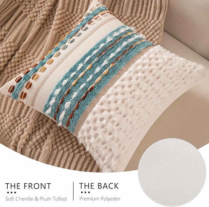 Boho Chenille Tufted Couch Throw Pillow Covers 18x18 Inch Set of 2 Farmhouse Striped Decorative Pillow Covers Accent Neutral Pillowcase Teal Cushion Cover for Living Room Sofa Bed