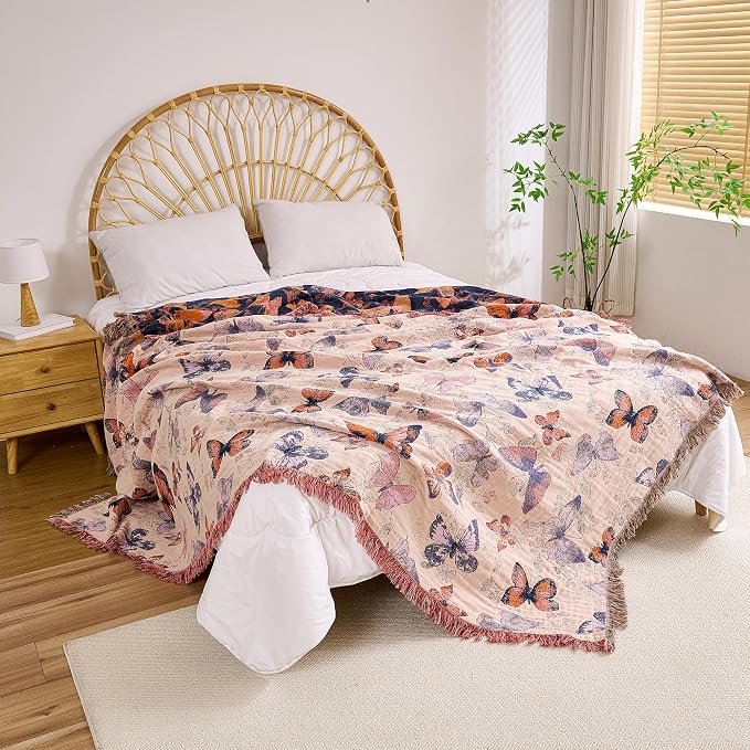 VANJOROY Boho Throw Blanket, 100% Organic Cotton Breathable Ultra Soft 80" x 90" Bed Quilt Throw - All Season Floral Rustic Farmhouse Decor Luxury Reversible Blanket for Sofa Couch Chair and Gift